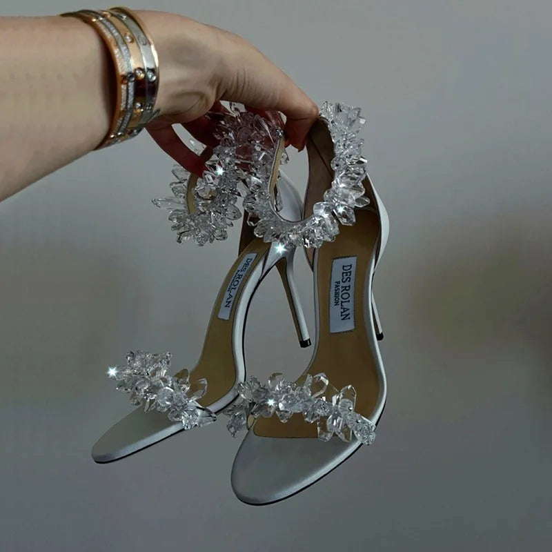 2026 summer new ice flower crystal high heels fairy wind word with thin heel white rhinestone sandals