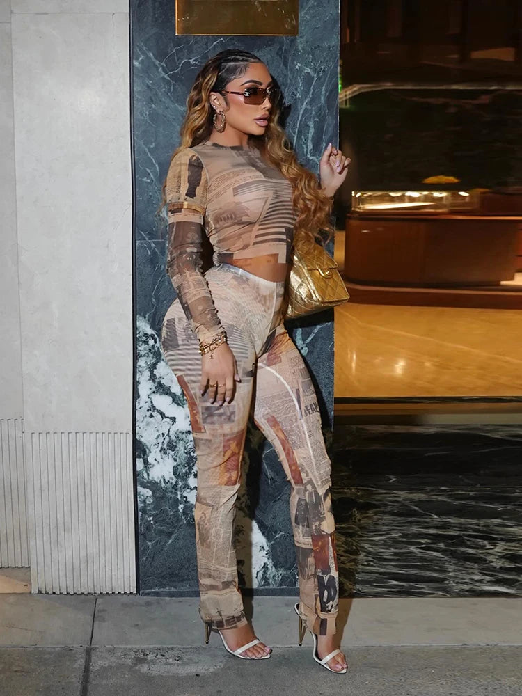 Kliou Sexy See Through 2 Piece Set Woman Colorful Print o-Neck Full Sleeve Crop Tops+Skinny Peach Hip Long Pants Art Style Suits