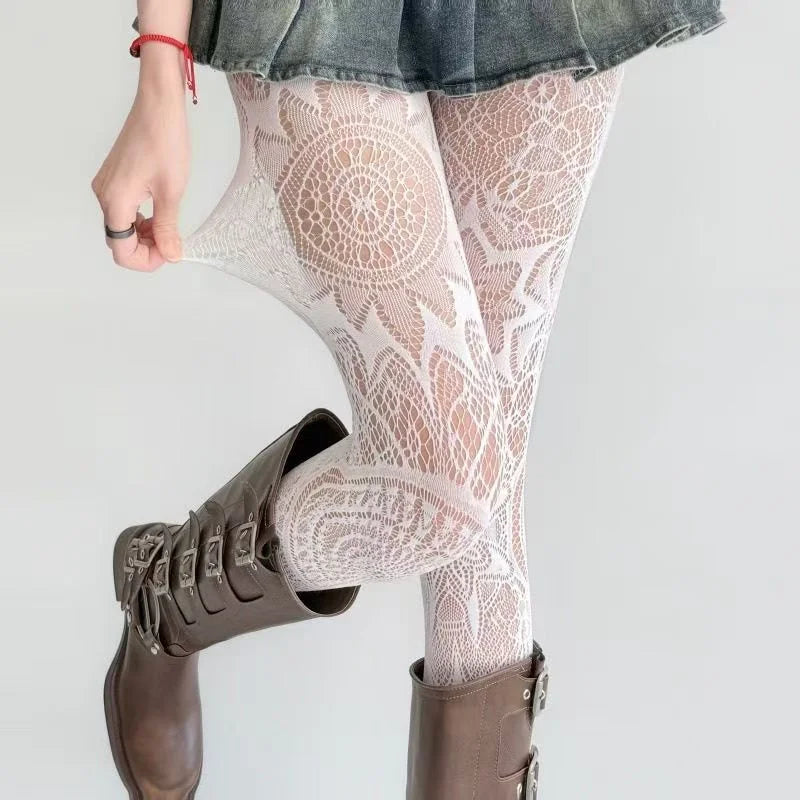 Black Red Flower Lolita Women Socks Classic Lace Mesh Stocking Bottomed Pantyhose Lolita Rattan Stocking Tights