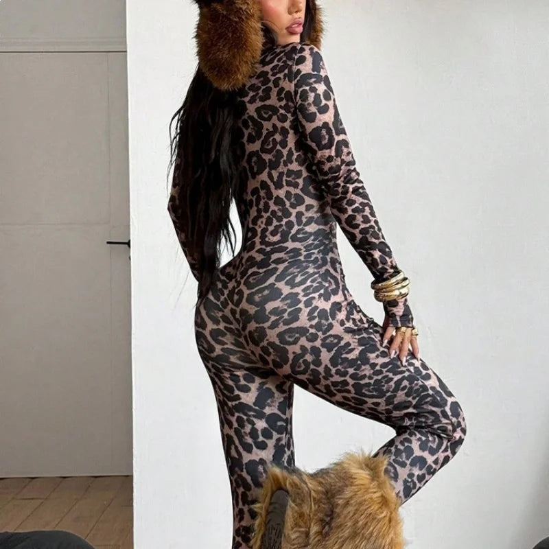 American style new leopard print jumpsuit high waisted U-neck slim fit European and American spicy girl style spring autumn fash