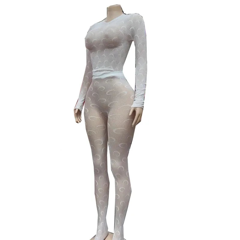 STYLISH LADY Moon Printed Mesh 2 Piece Set Women Long Sleeve Top and Skinny Footed Pant Suits 2025 See Through Sexy Club Outfits