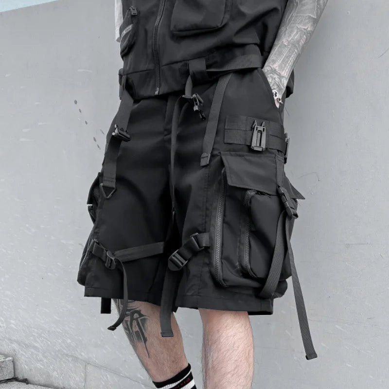 2023 Multi Pockets Street Punk Hip Hop Cargo Shorts Mens Tactical Techwear Knee Length Wide Leg Short Pants