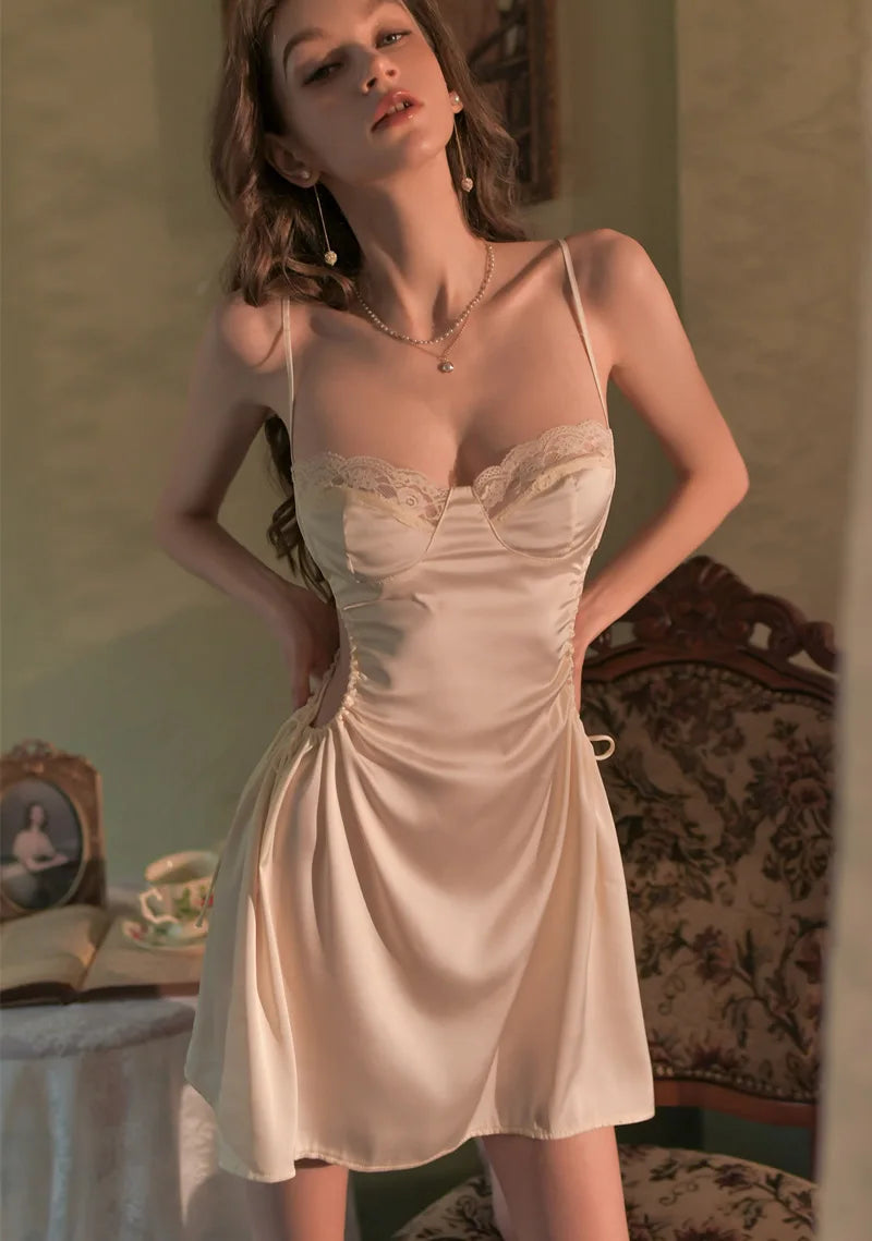 Night Gown for Women Sleepwear Thin Silk Nightgown Temptation Lingerie Sexy Pajamas Lace Small Chest Suspender Nightdress