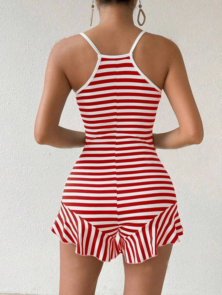 Elegant and casual slim fit French ruffle edge jumpsuit for women