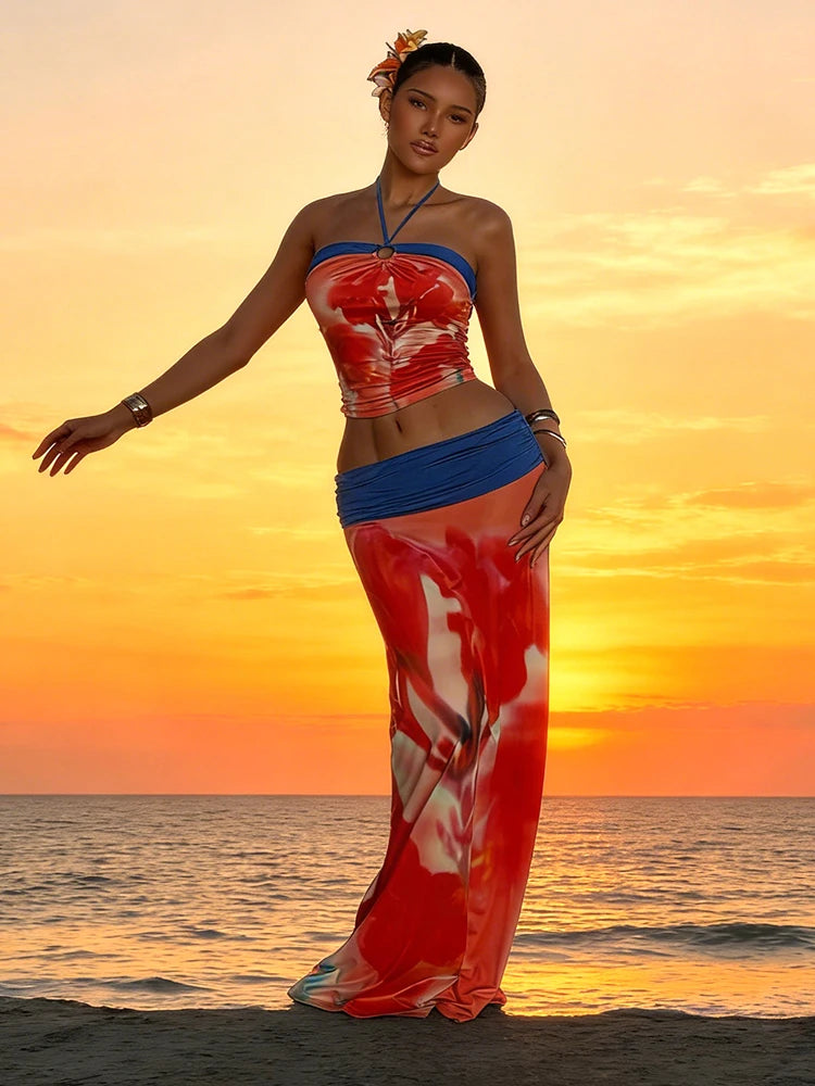 Kliou Floral Print 2 Piece Set Woman Summer Trend Halter Off Shoulder Backless Crop Tops+Elastic Waist Long Skirts Elegant Suits