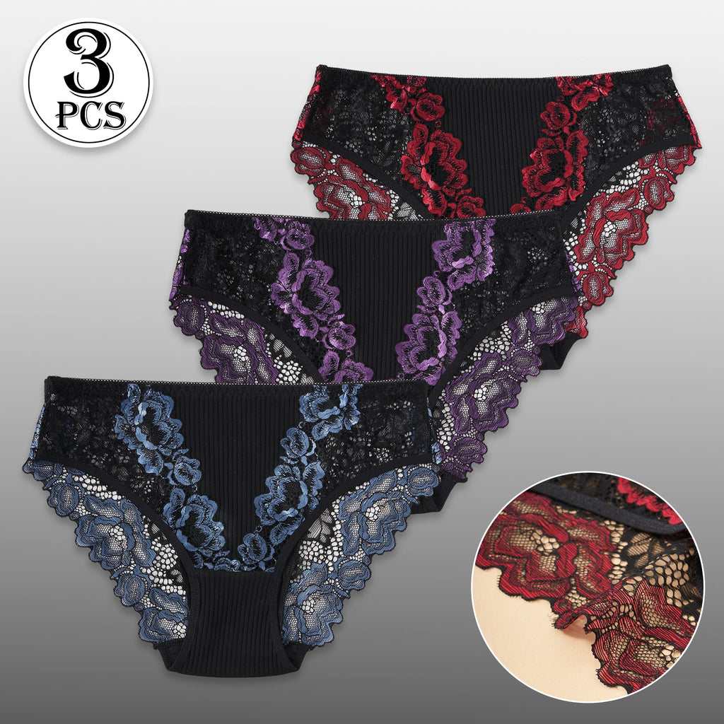 3PCS Women Contrast Lace Striped Cotton Briefs Sexy Semi-Sheer Lace Floral Panties Female Soft Comfortable Lingerie S-XXL Hot
