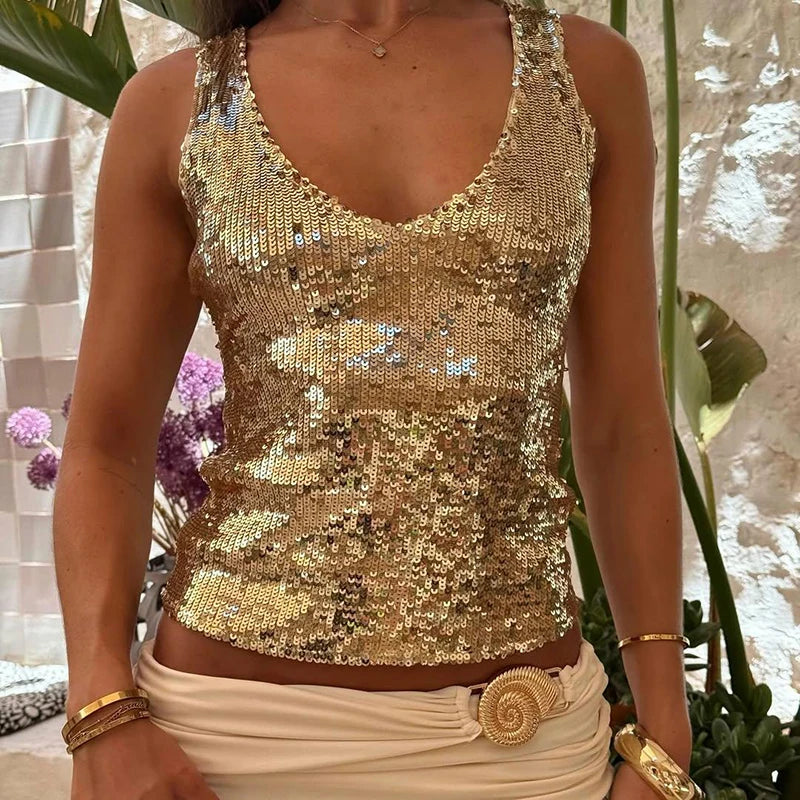 Sequin Sparkle V Neck Tank Tops Luxury Gold Glitter Shiny Sleeveless Shirt Vest Women Slim Fitted Crop Top Festival Rave Clothes