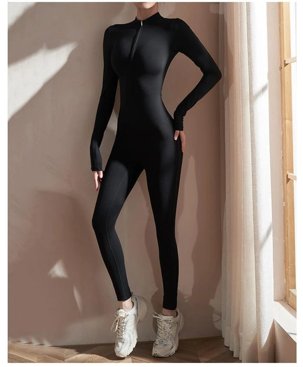 Womens Yoga Jumpsuits Long Sleeve Thin Slim Fit Stretch One Piece Playsuits Romper Sexy Fitness Female Basic Zipper Sportwears
