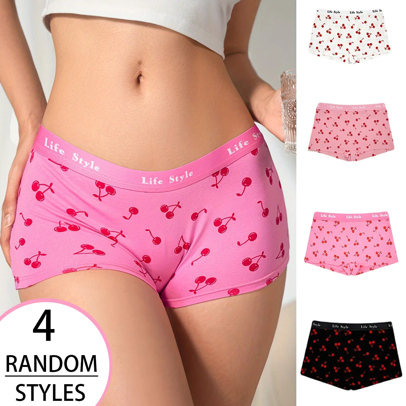 Random 4-Pack Mixed Color Fruit Pattern Cherry Print Ladies' Boxer Briefs Travel Home Casual Cotton Comfortable Underwear