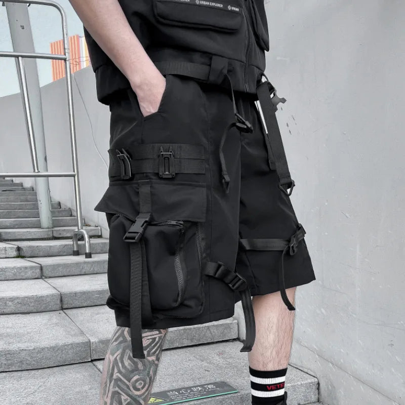 2023 Multi Pockets Street Punk Hip Hop Cargo Shorts Mens Tactical Techwear Knee Length Wide Leg Short Pants