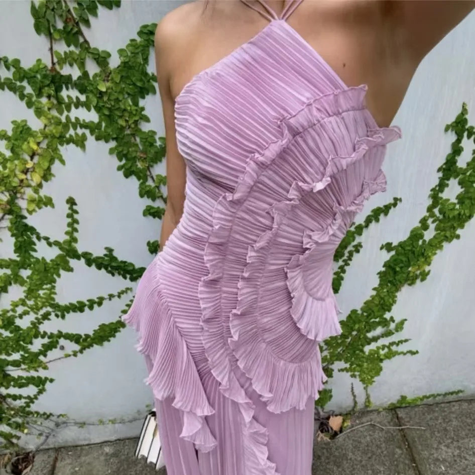 Elegant Women Ruffle Pleated Long Dress Fashion Sleeveless Halter Irregular Tiered Pleated Flowy Maxi Dresses for Wedding Party