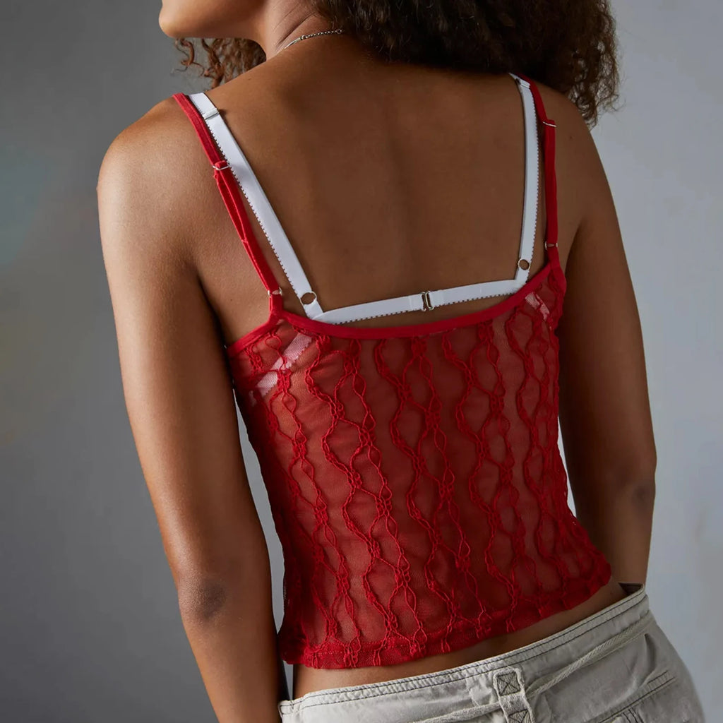 Combhasaki Women’s Sheer Mesh Cami Tops Slim Lace Embroidery Striped See Through Square Neck Sleeveless Short Vest for Summer