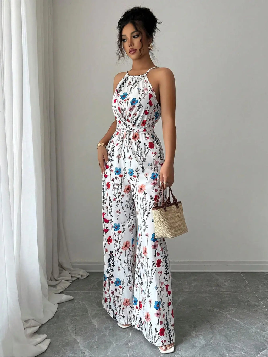 Women's Floral Print Jumpsuit, Bow Tie Waist Elegant Romper, Casual Fitted for Daily Outdoor Wear, Stylish Ladies' Clothing