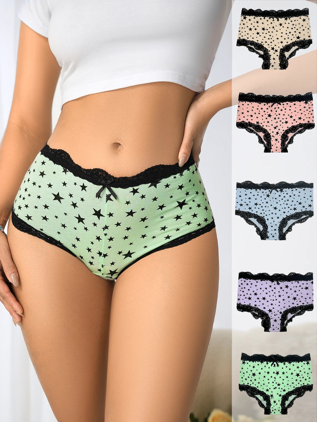 5 pairs of high-quality, comfortable women's briefs with black lace patterns and star patterns that won't cause bloating