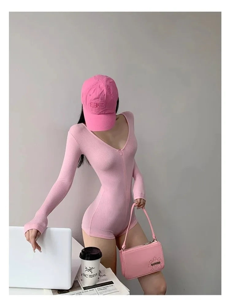 Sexy Hot Girl V-neck Slim Fit Cycling Hot Girl Tight Fitting Jumpsuit Design Sense High Waist Yoga Sports Jumpsuit Shorts