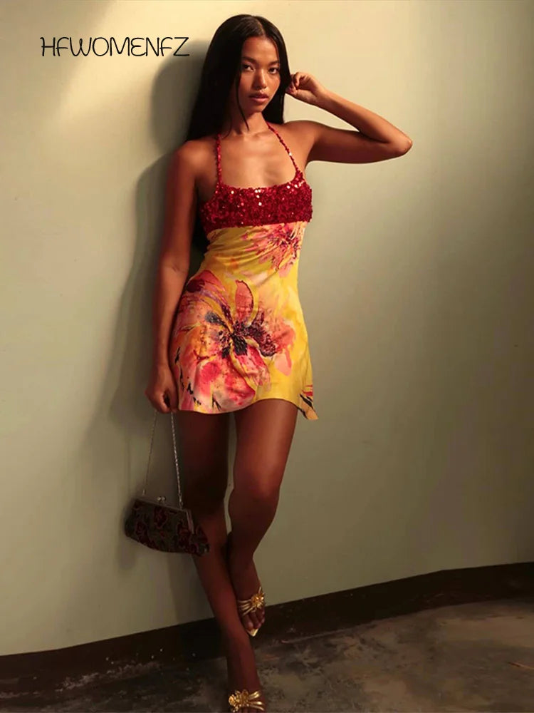 Sexy Print Sequined Mini Dress Women Party Sleeveless Backless Halter Slim Female Dresses 2026 Spring Summer Elegant Lady Robe