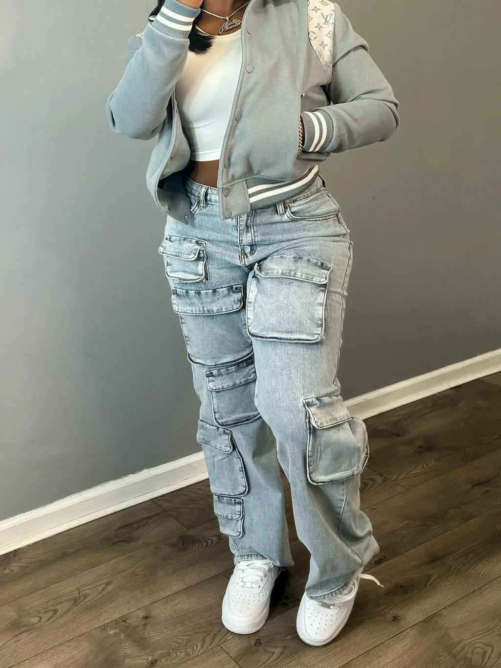 BKLD New Women Clothing Sexy Streetwear Pockes Cargo Pants Elasticity Denim Straight Leg Pants High Waist Trousers Party Wear