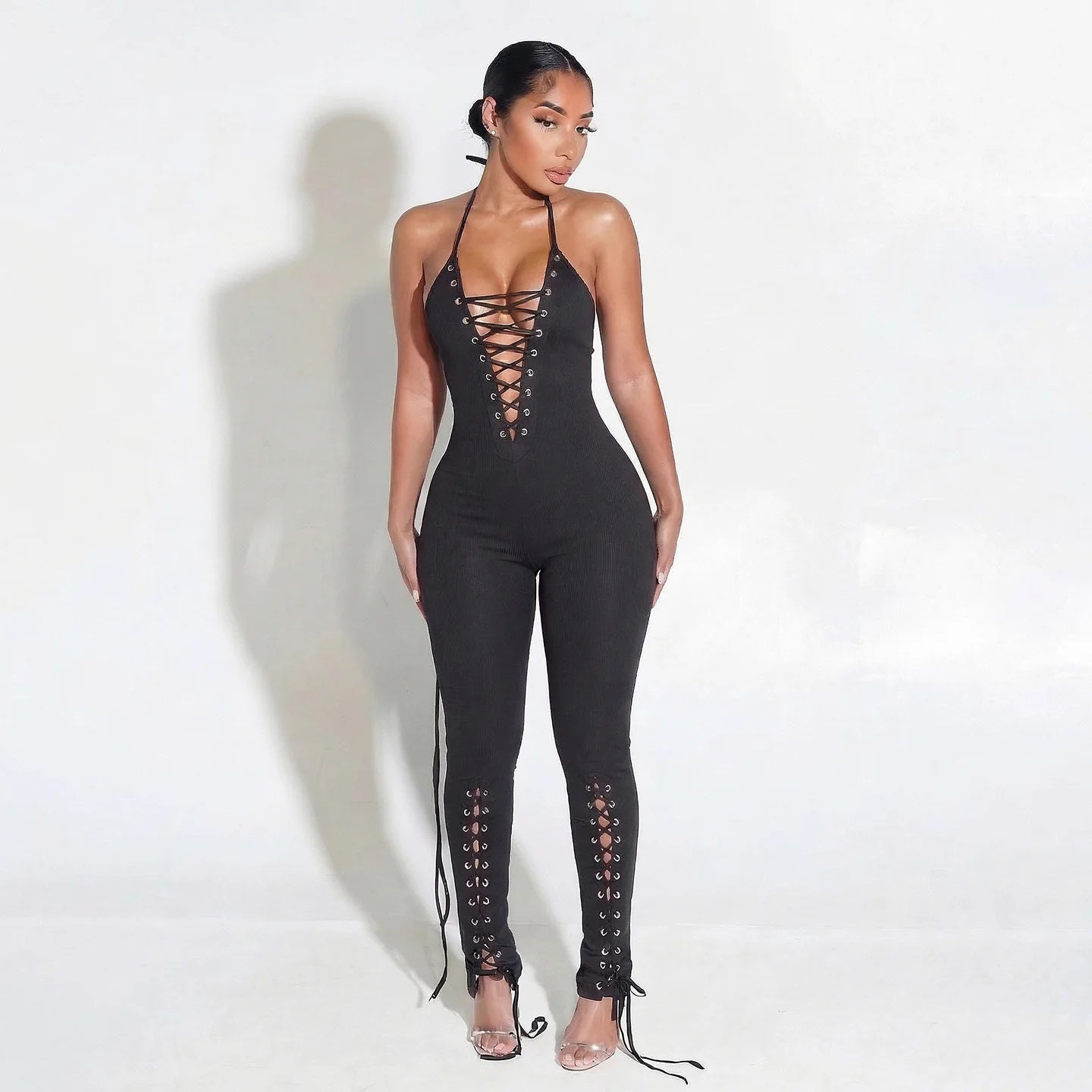 Bandage Women's Halter Neck Lace Up Bodycon Jumpsuit Cut Out Eyelet Long Pantsuit 2026 Summer Sexy Club Party Night Out Outfit