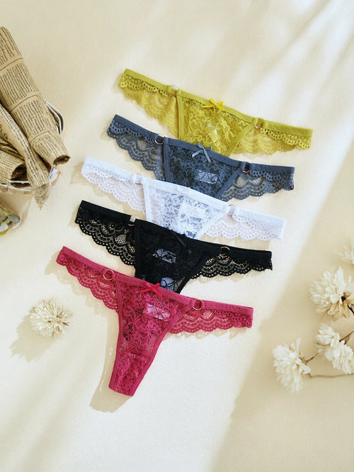 5-Pack Women's Lace Panties, Fashionable, Comfortable, Close-Fitting, Low-Waisted, Sexy, Solid Color Thongs