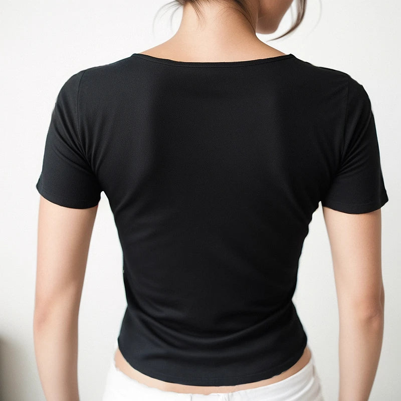 Short Sleeve T-shirt for Women Summer Solid Color Elastic Square-cut Collar slim fit Tops Sexy Y2k Street Wear Tee Fashion Qx33