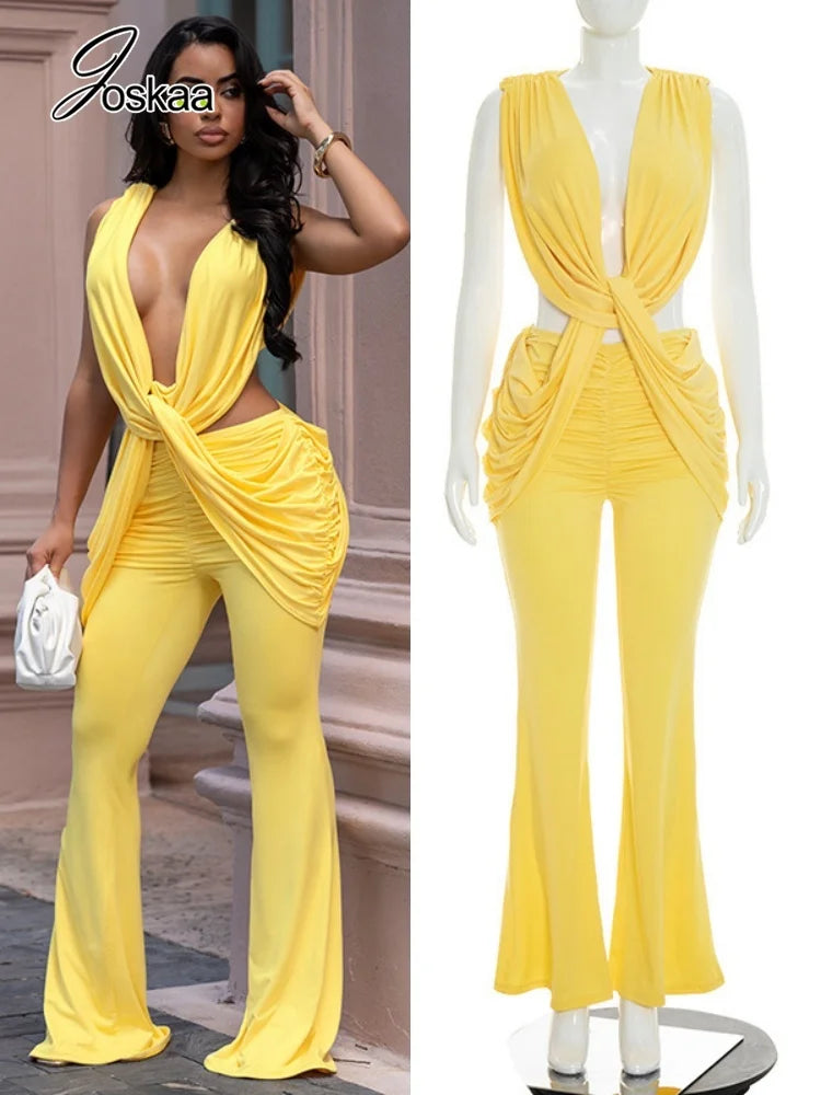 Joskaa Sexy Draped Low Neck Sleeveless Bodycon Jumpsuit Women Hipster Deep V-neck Backless Ruched Skinny Rompers Party Clubwear
