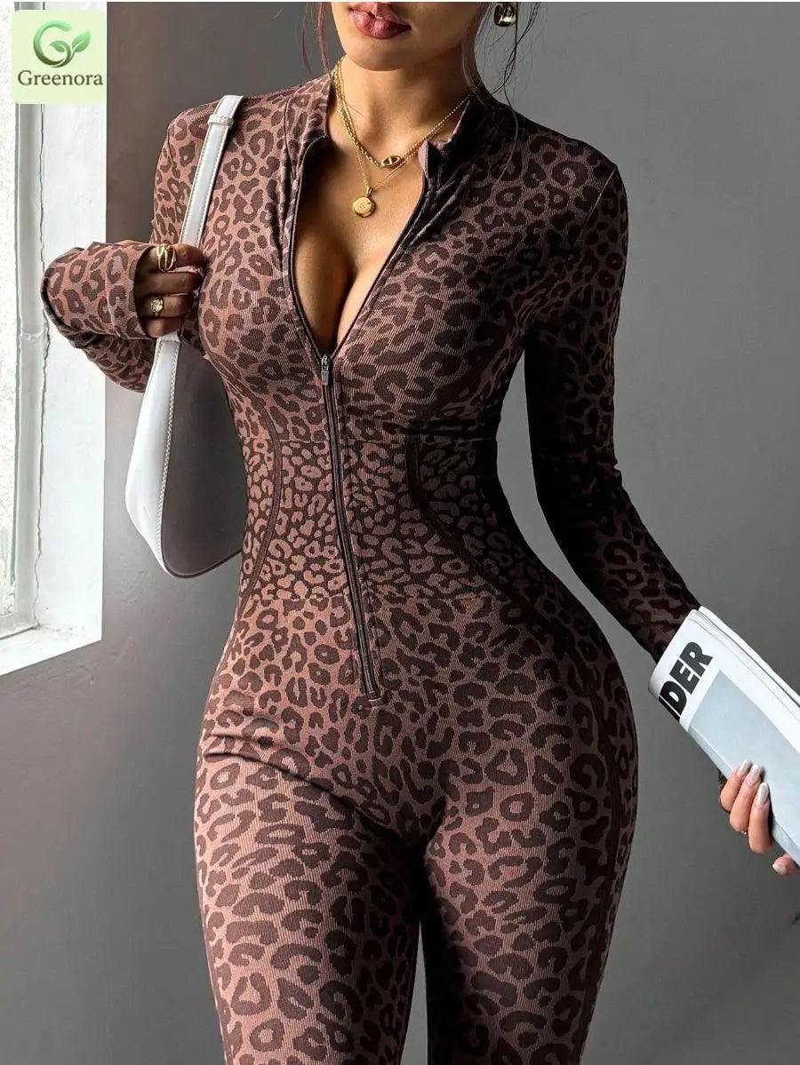 Greenora Leopard Print Jumpsuit Women Y2K Streetwear Long Sleeve Zipper Flare Bodycon Rompers Sexy Slim Fit Aesthetic Playsuit