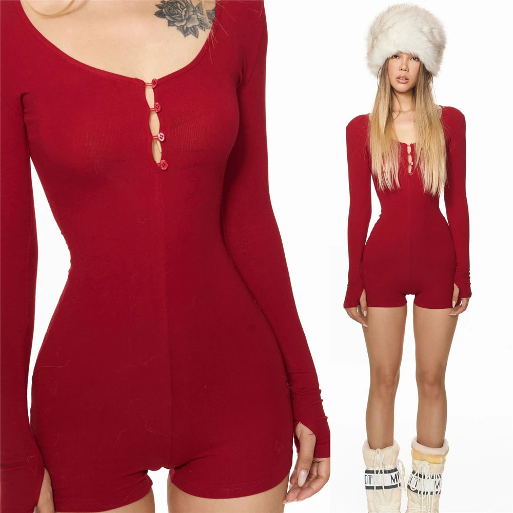 Women‘s Yoga Jumpsuits Long Sleeve Buttons Slim Fit Stretch One Piece Short Playsuits Romper Sexy Ladie Home Clothes Thumb Clasp