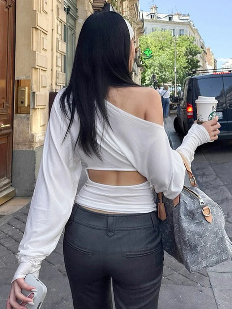 Solid Inclined Shoulder Batwing Long Sleeve T-shirts Tops 2025 Autumn Women Fashion Sexy Backless Slim Casual Streetwear Tees
