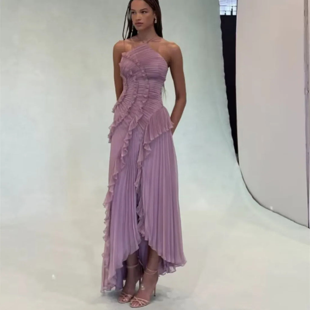 Elegant Women Ruffle Pleated Long Dress Fashion Sleeveless Halter Irregular Tiered Pleated Flowy Maxi Dresses for Wedding Party