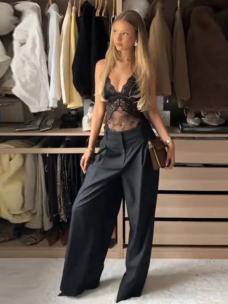 Sexy Lace Trim Bodysuit Women V-neck Sleeveless Back Lace Up Perspective Solid Tops Lady Spring Summer Chic Casual Party Cloth
