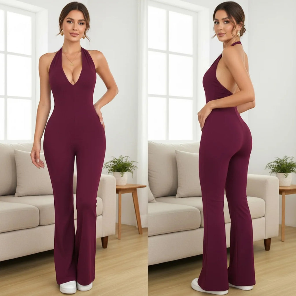 Halter V-neck Gym jumpsuits for woman Vintage Backless Hollow Out Cheap Clothes Tanks Flared Pants Sport Yoga Jumpsuits Women