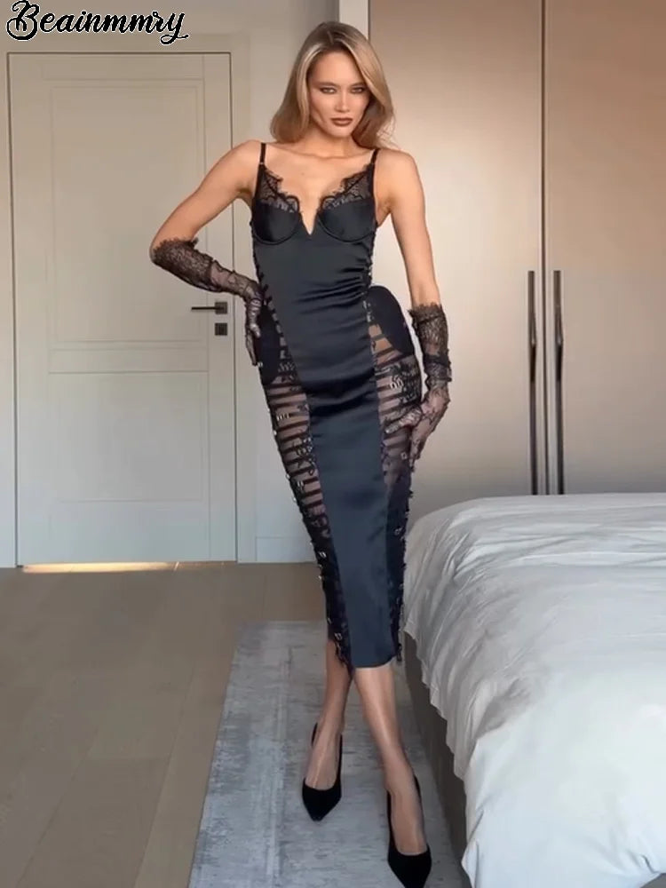 Sexy Lace Embroidery Long Party Dress Women Holiday Sleeveless See Through Split Evening Robes Lady 2026 Fashion Slip Dresses