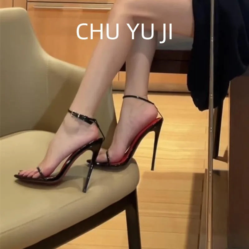 Ultra-Thin Strap High Heels Red Sole Minimalist Sandals Sexy Wristband Korean Style Fashionable Women's Shoes