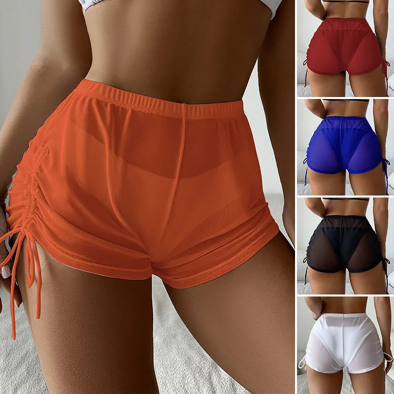 Women Summer Sexy Beach Swimming Shorts High Waist Mesh Sheer Lace Bikini Bottoms Orange Transaparent Cover Up Beachwear Acces