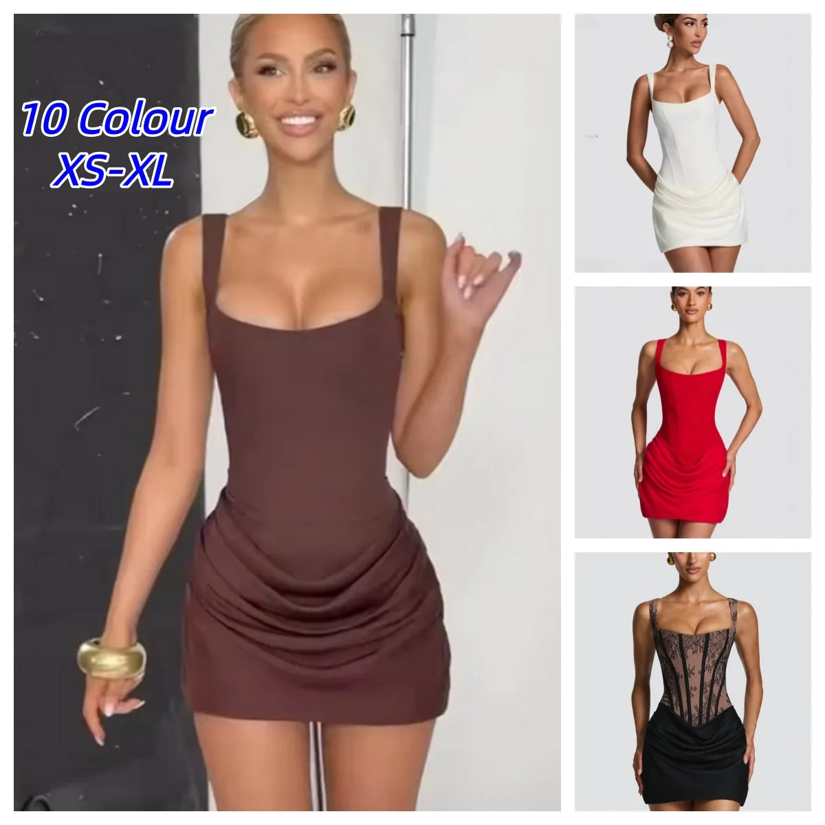 Sexy Square-neck Halter Mini Dress Women Pleated Sleeveless Backless High Waist Bodycon Dresses 2026 New Summer Lady Party Robe