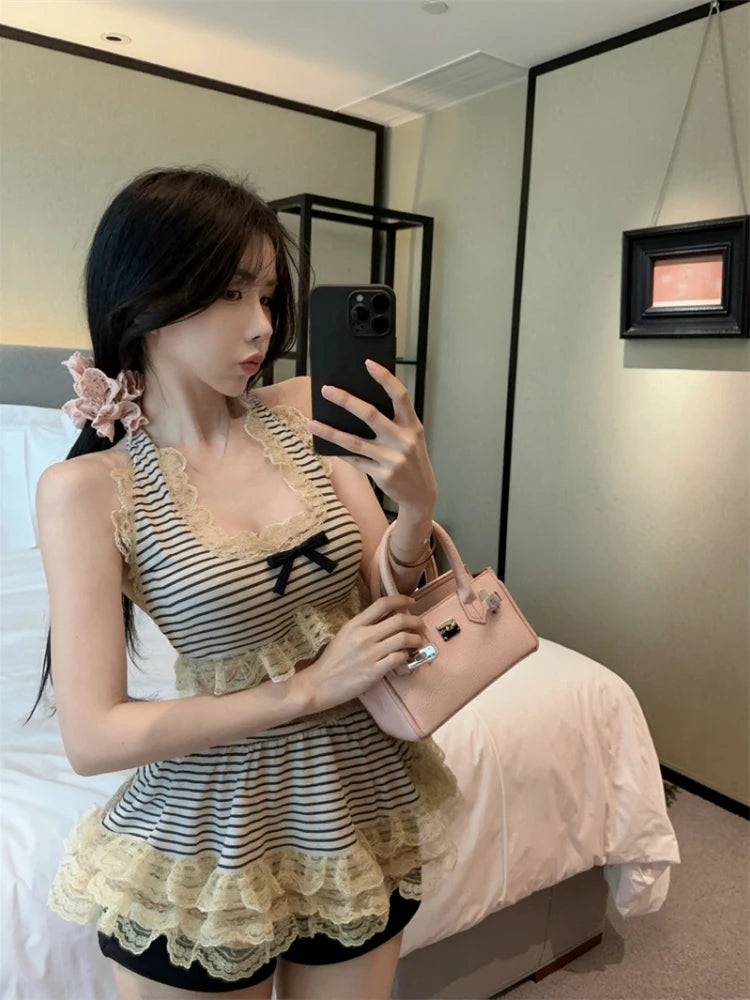 Women Clothing Sweet Lace Patchwork Slim Fit Tanks Halter Bandage All Match Camisole Fashion Summer Backless Y2k Vest Ropa Mujer