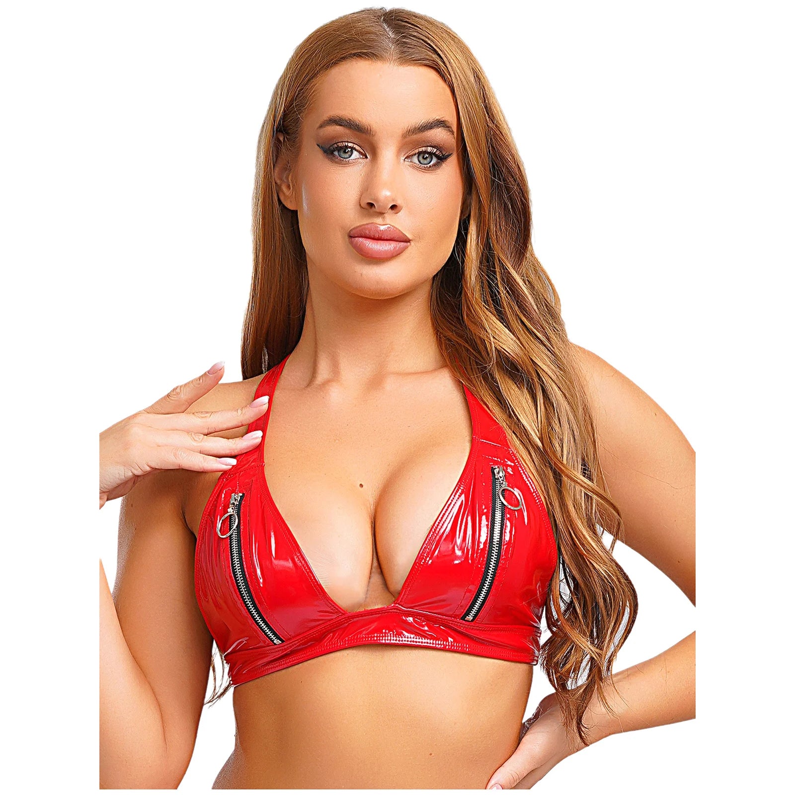 Womens Lingerie Latex Bra Tops Zipper Open Breast Exposing Hot Sexy Bustier Bra No-pad Cup O-ring Y-back Bralette Crop Tops