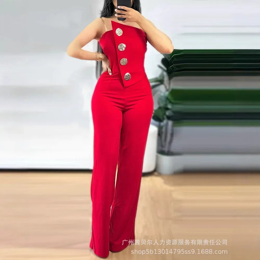New Strapless Irregular Hem Jumpsuit Wide Leg Pants