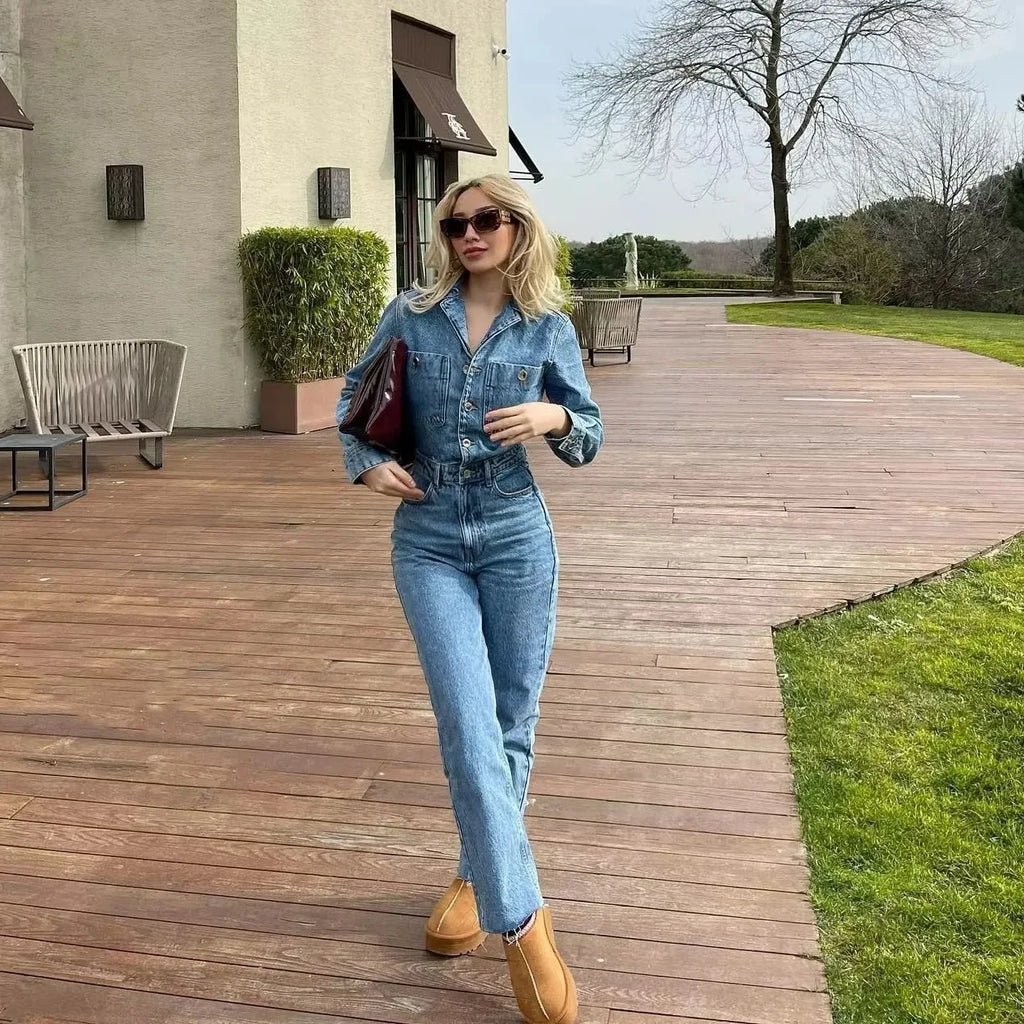 Women's Long-Sleeved Jumpsuit Jeans Fashionable Button-Front Collar with Pockets Straight-Leg Slim-Fit Denim Jumpsuit