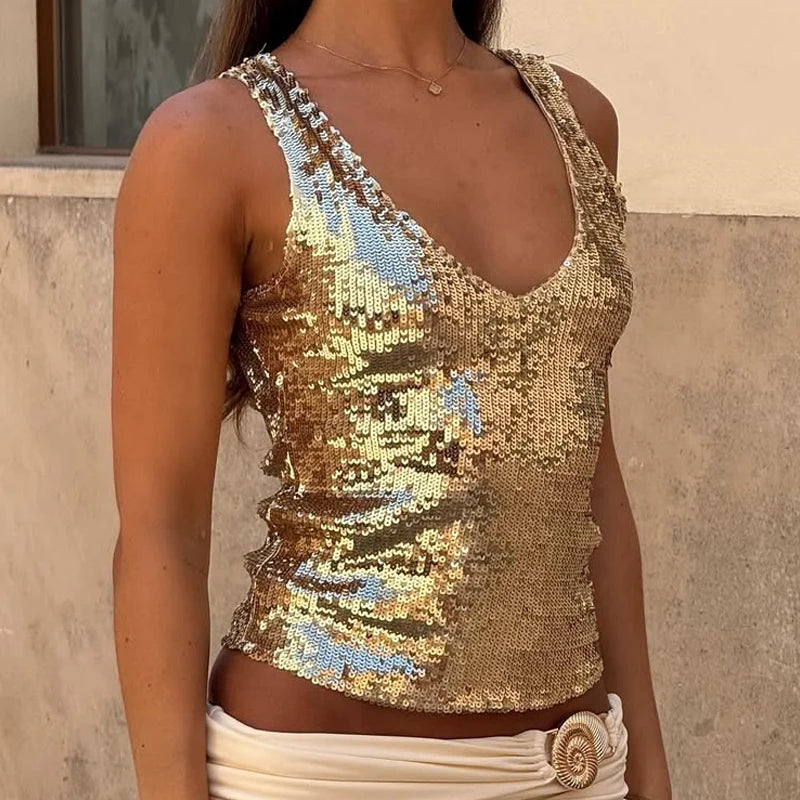 Sequin Sparkle V Neck Tank Tops Luxury Gold Glitter Shiny Sleeveless Shirt Vest Women Slim Fitted Crop Top Festival Rave Clothes