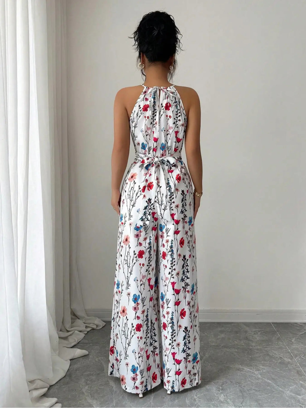 Women's Floral Print Jumpsuit, Bow Tie Waist Elegant Romper, Casual Fitted for Daily Outdoor Wear, Stylish Ladies' Clothing