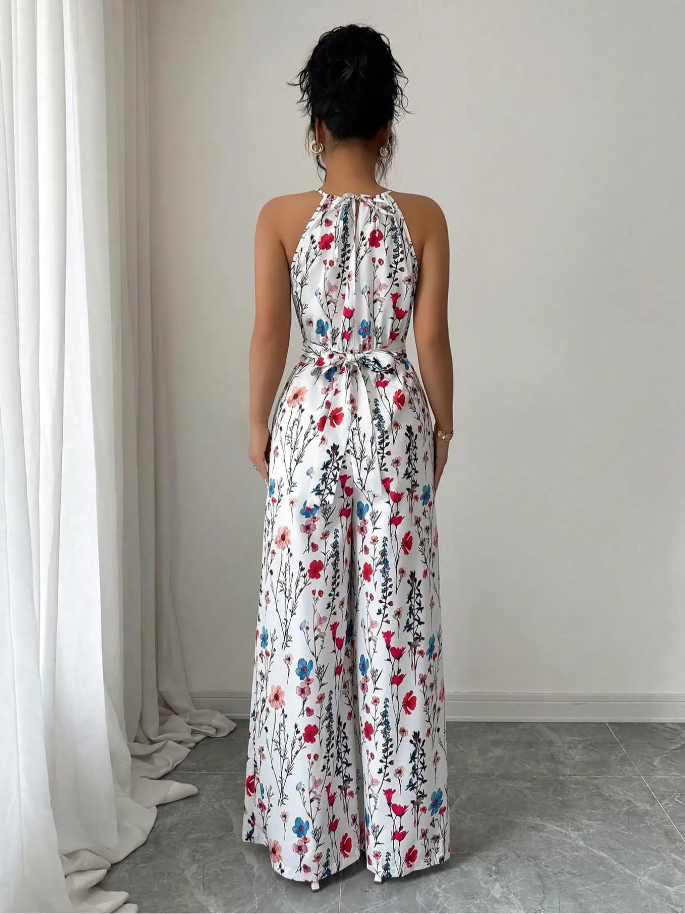 Women's Floral Print Jumpsuit, Bow Tie Waist Elegant Romper, Casual Fitted for Daily Outdoor Wear, Stylish Ladies' Clothing
