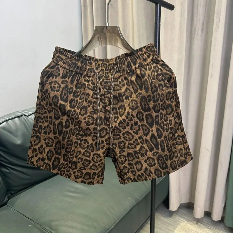 American Retro Leopard Print Shorts Men's Elastic Waist Hip-Hop Street with Pocket Casual Shorts Sportswear Straight-leg Shorts