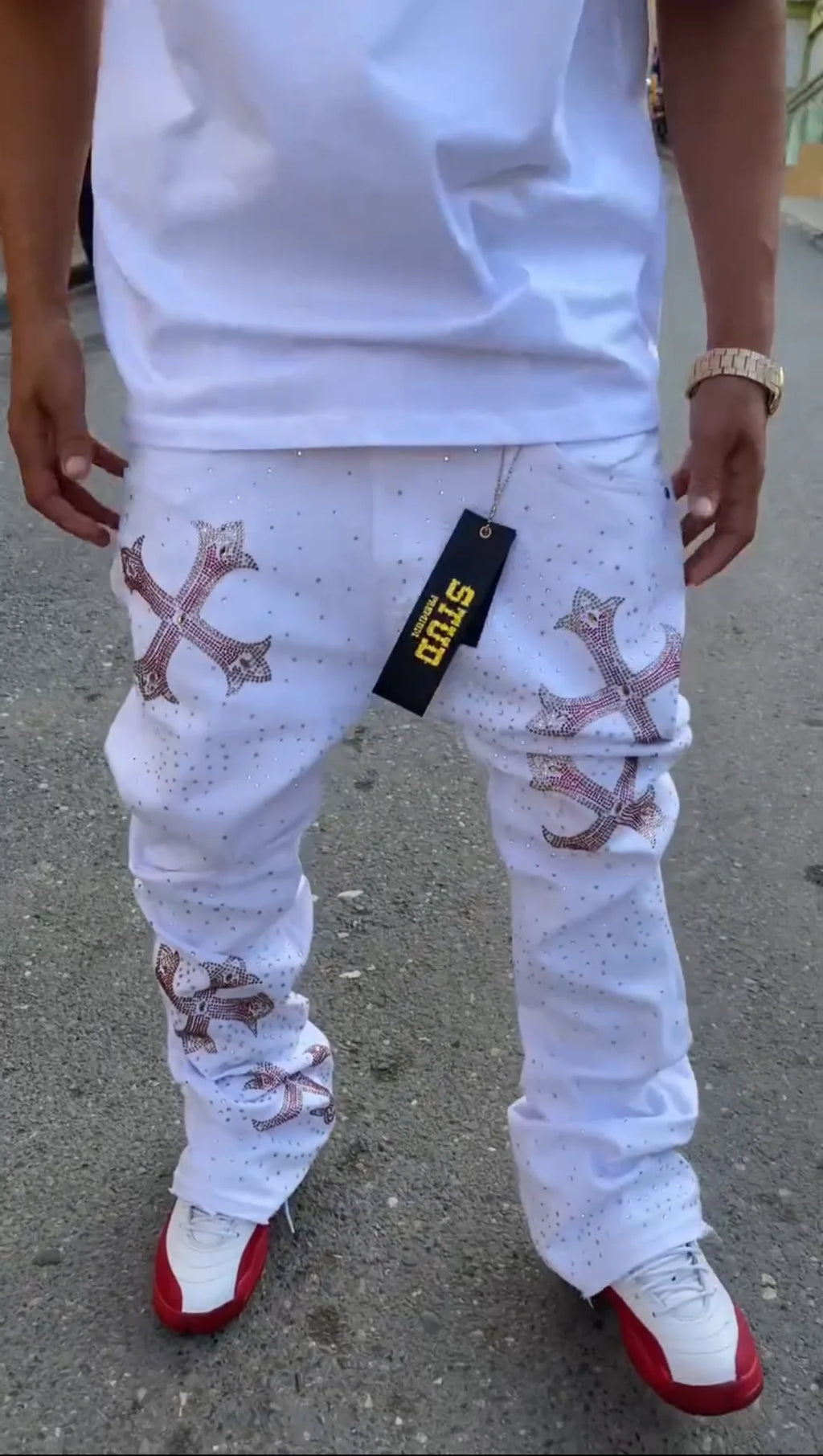 Mens Unisex White Rhinestone Studded Cross Design Skinny Flared Jeans Hip Hop Streetwear Y2K Vintage High Waist Denim Pants