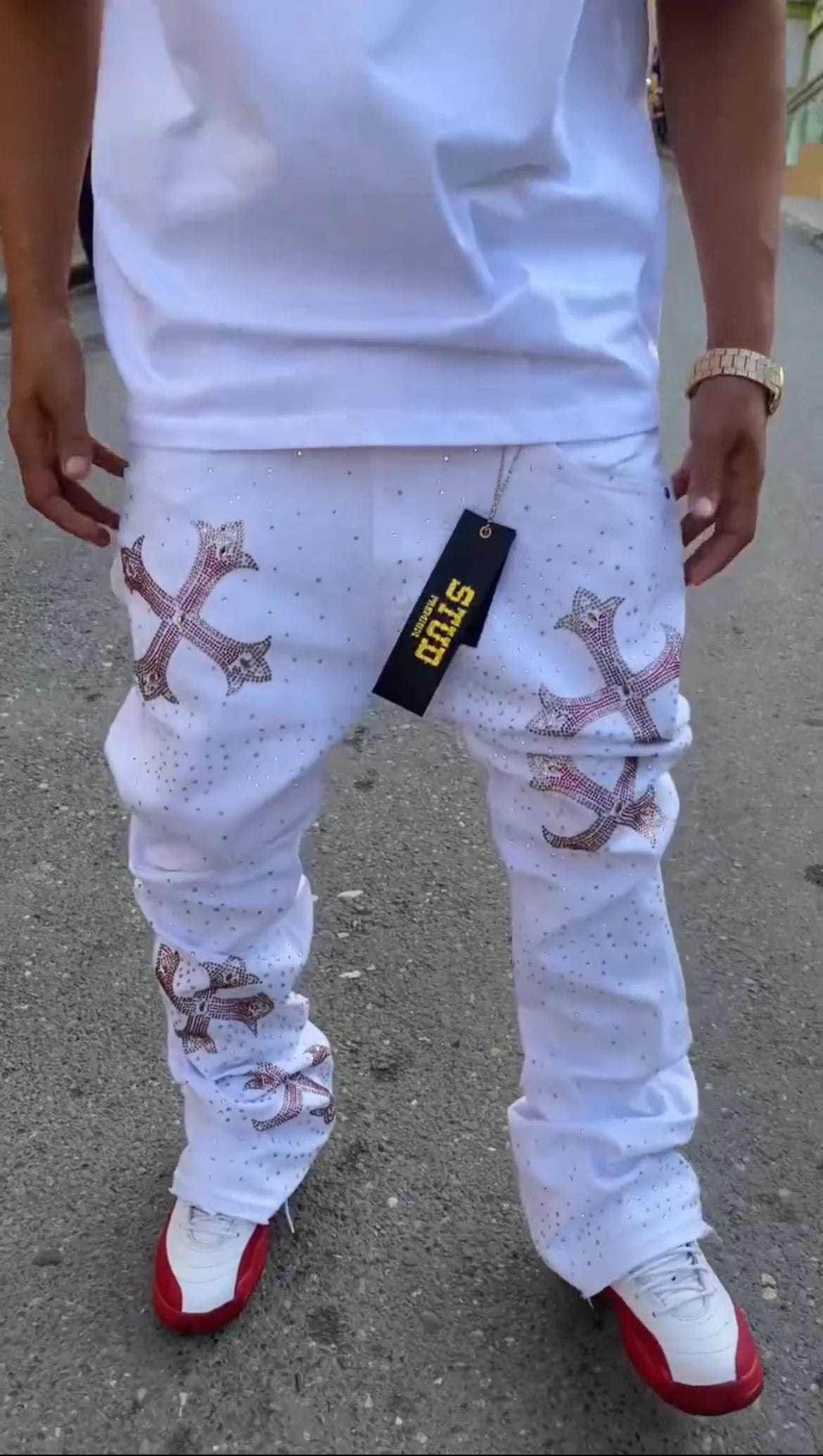 Mens Unisex White Rhinestone Studded Cross Design Skinny Flared Jeans Hip Hop Streetwear Y2K Vintage High Waist Denim Pants