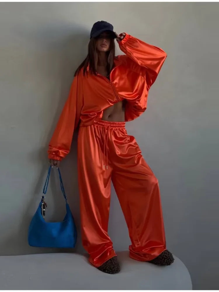 Women Satin Shiny Two Piece Set Zipper High-waisted Drawstring Wide Leg Pants