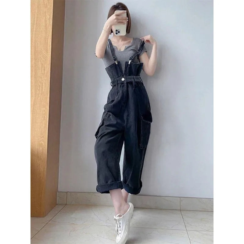 Women's Summer Adjustable Straps Cargo Pocket Denim  Non-Stretch High Waist Wide Leg Casual Vintage Y2K Streetwear Jumpsuit