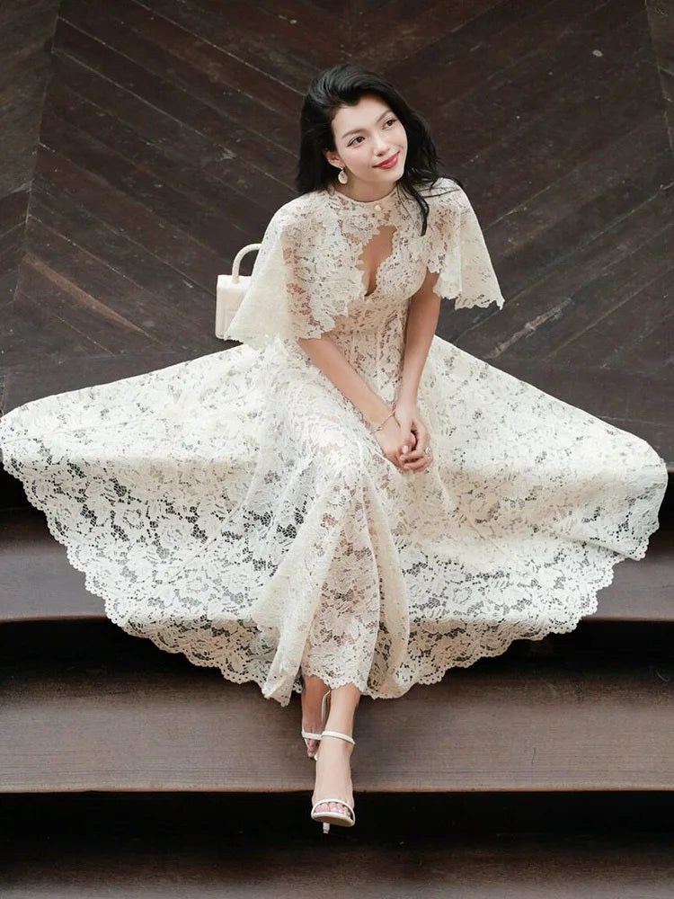 DEAT Elegant 2 Pcs Set Shawl V-neck Flower Lace Hollow Out Swing Dress Women's Evening Party Dresses 2026 Spring New 35Z4387