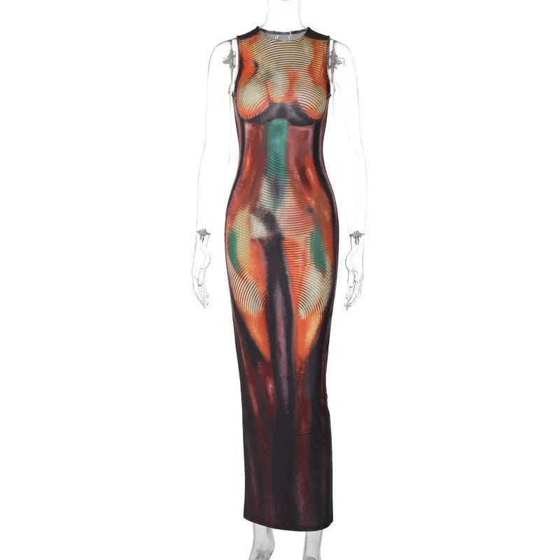 Women Summer Sleeveless Print Spaghetti Strap Dress Backless Floor-Length Sexy Slim Tank Dresses New Fashion Camisole Vestidos