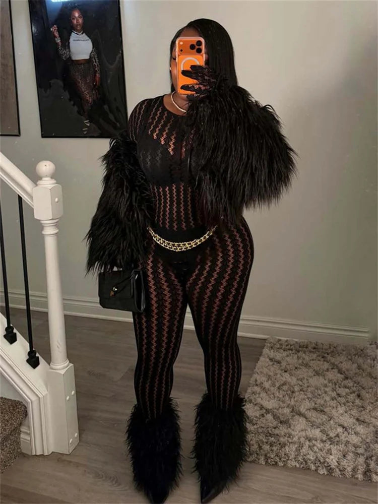 Weird Puss Hottie See Through Jumpsuit Women O-Neck Irregular Stripe Patchwork Jacquard Hollow Sexy Street Stretch Slim Overall